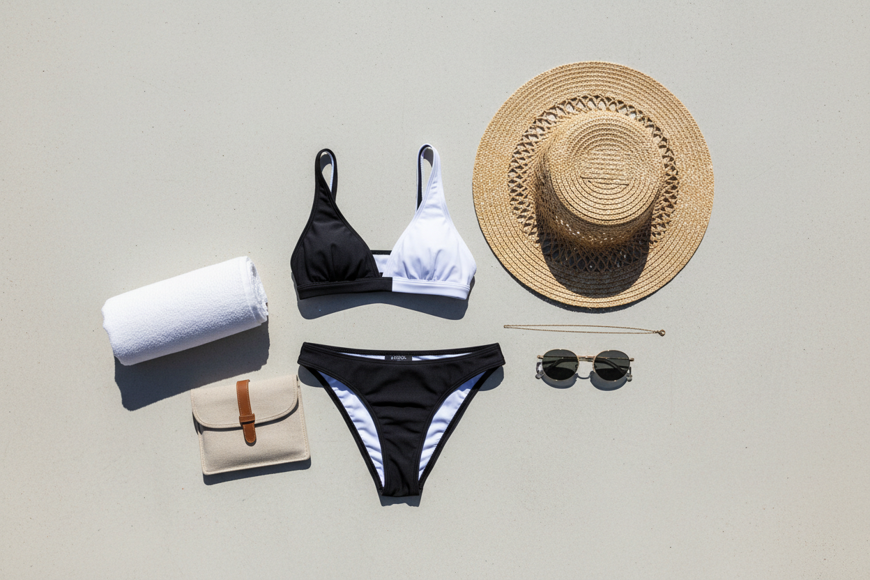 Flat-lay of folded swimwear, straw hat, sunglasses, gold chain and travel organiser on pale concrete