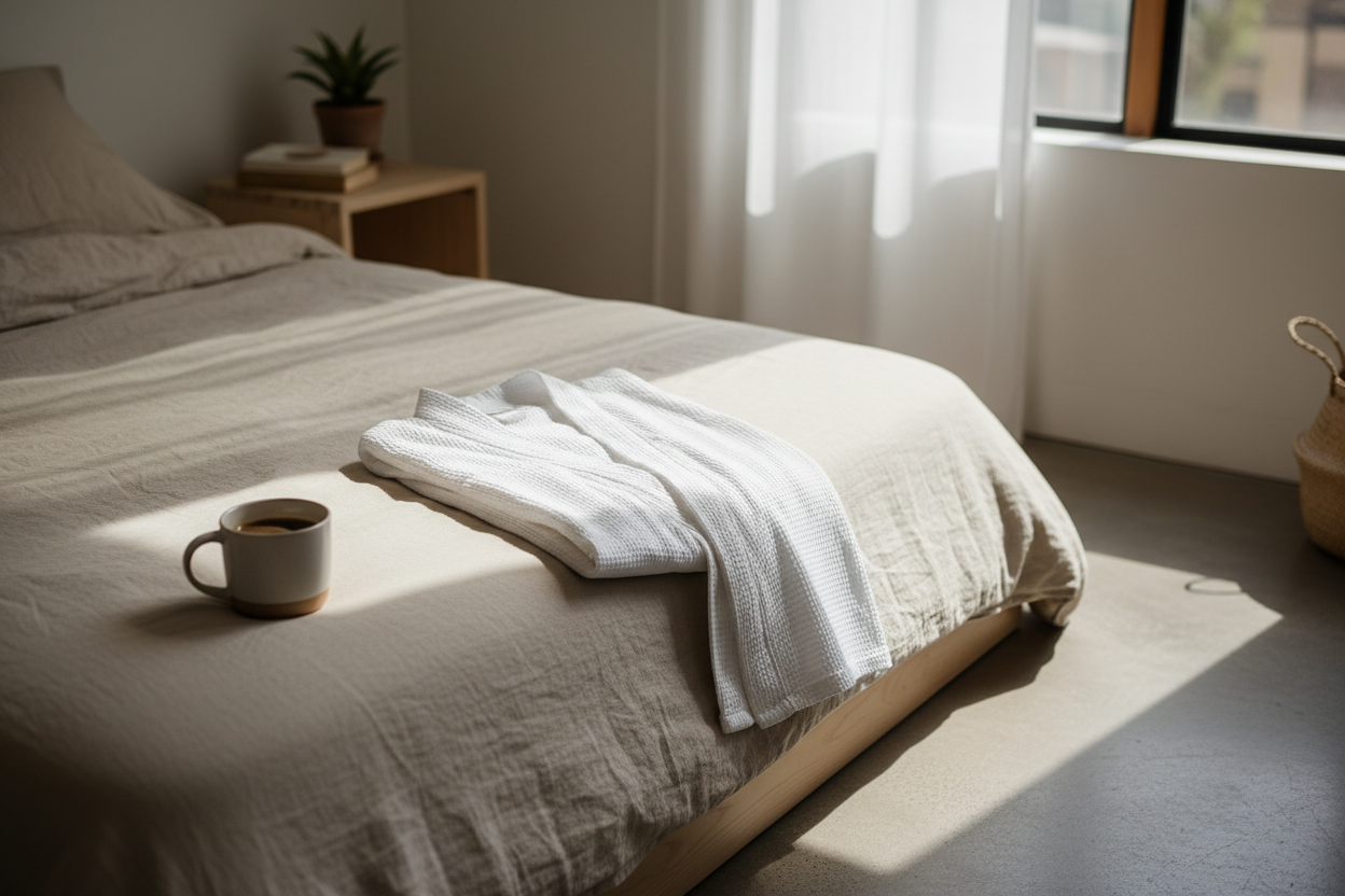 White waffle-cotton kimono pyjama set draped over a bed in morning light