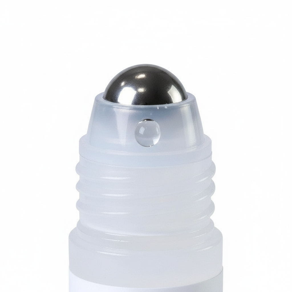 Macro detail of the stainless steel rollerball applicator with a single serum droplet