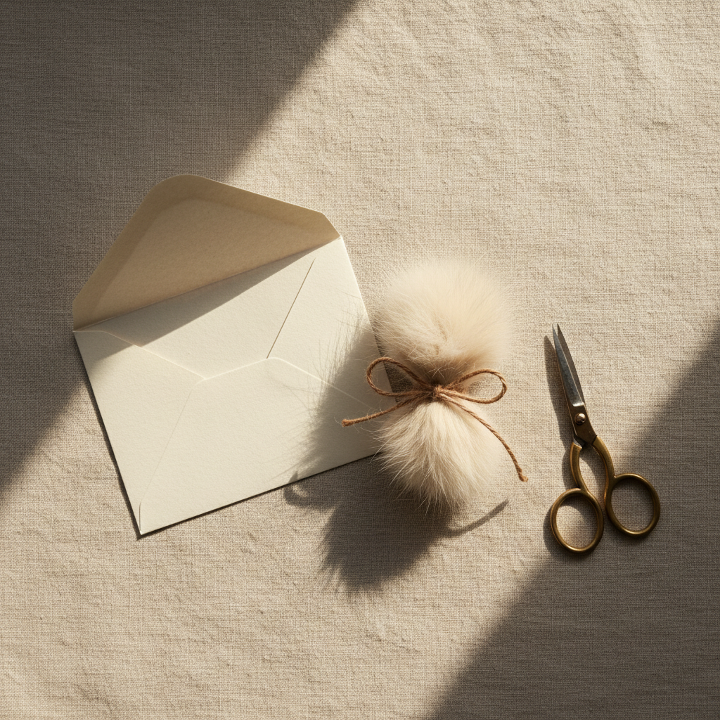 Sobre de papel crema con un pequeño mechón de pelo atado con una cinta marrón