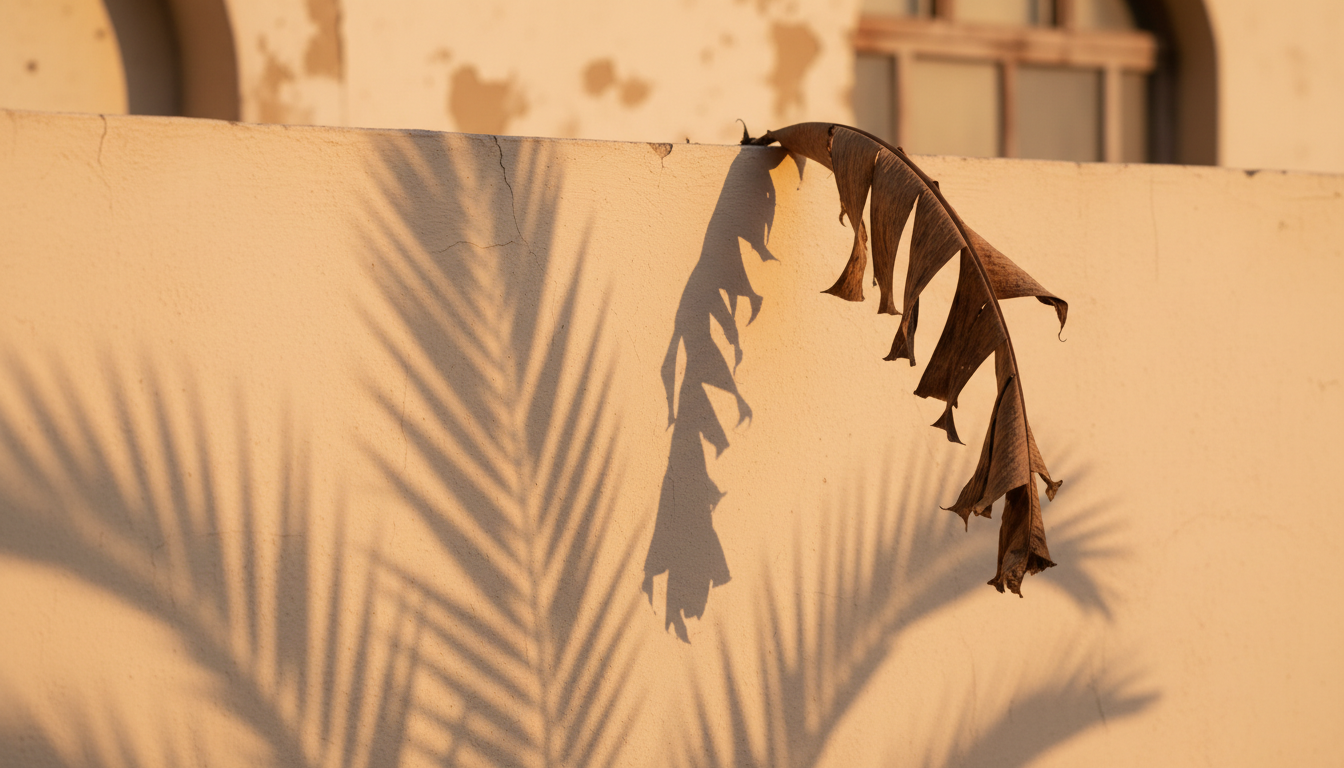 Long palm frond shadows falling across a warm cream plaster wall in late autumn light