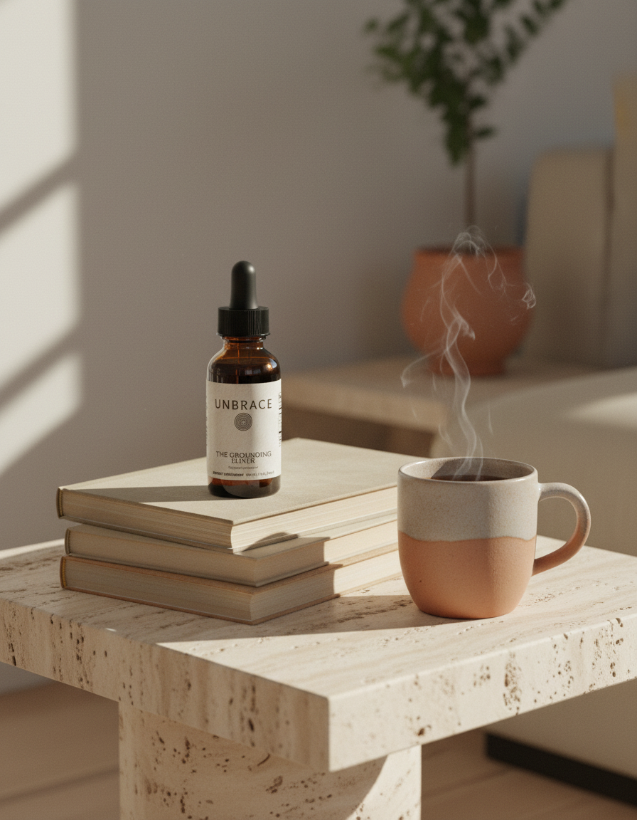 The Grounding Elixer standing on a stack of paperbacks beside a ceramic mug of tea