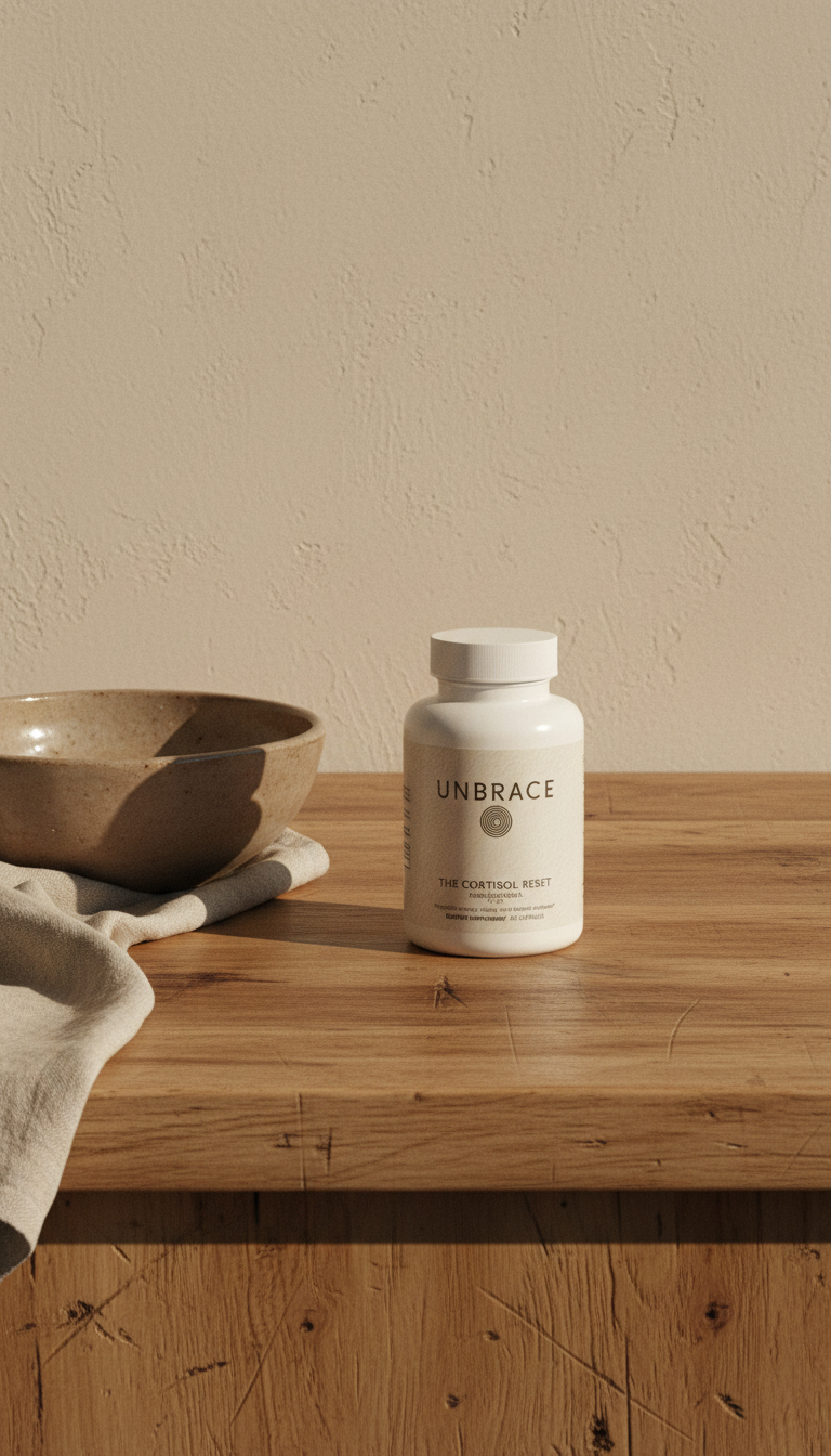 The Cortisol Reset bottle on a weathered oak countertop with a stoneware bowl and linen cloth