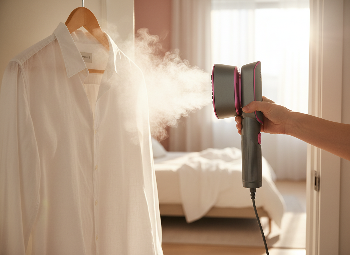 A white linen shirt on a wooden hanger being steamed in a sunlit bedroom