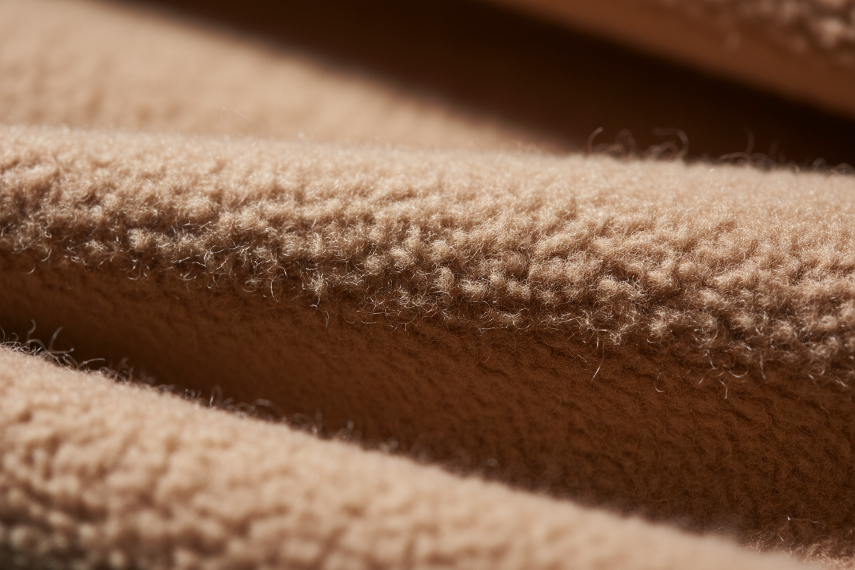 Macro close-up of warm clay-coloured brushed fleece fabric