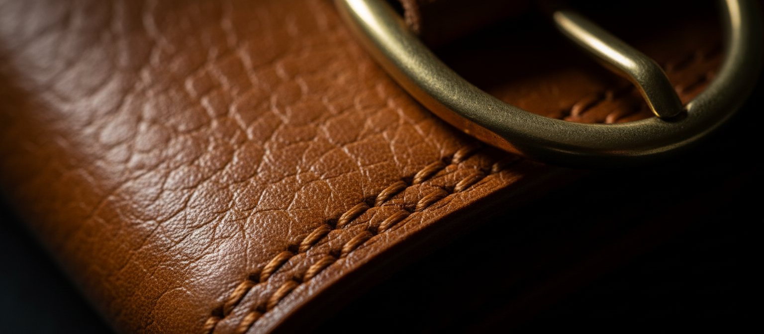 Close-up of grained calf leather with hand stitching and a brass buckle
