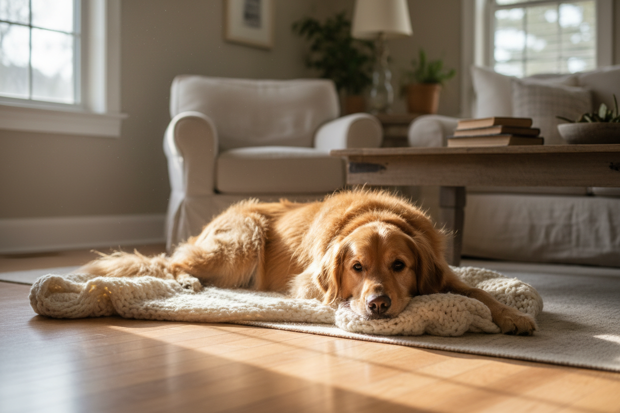 Perro descansando sobre una manta color crema en una sala iluminada por el sol