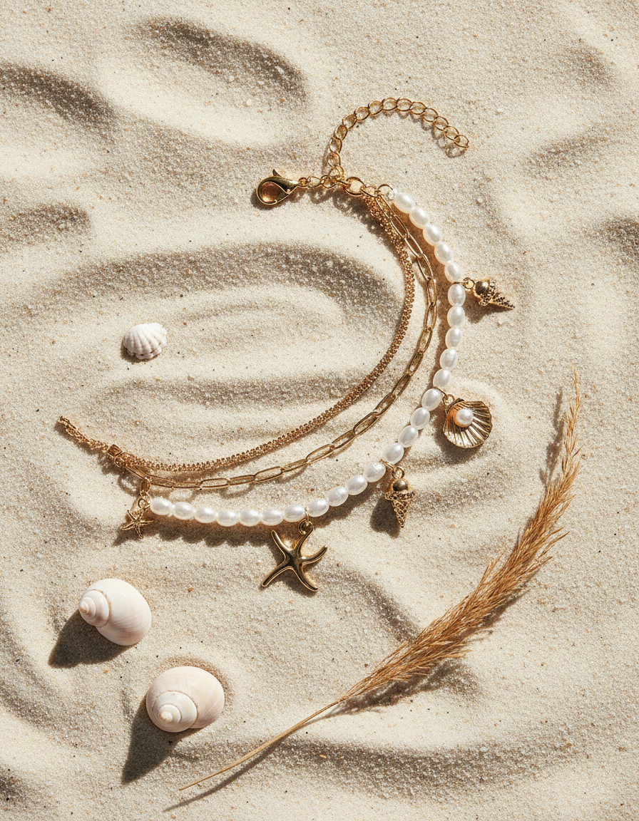 The charm bracelet laid out on pale sand beside two small seashells