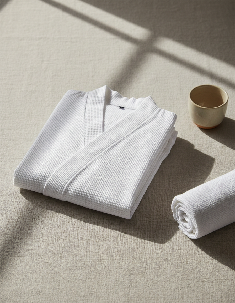 White waffle-cotton kimono lounge set folded on pale linen in soft morning light