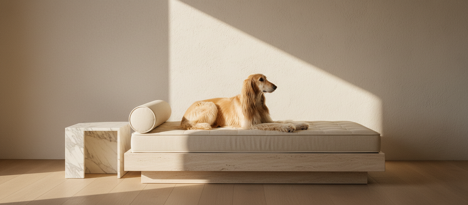 A golden-cream Afghan hound resting on a travertine and linen daybed in a sunlit, minimally furnished contemporary room