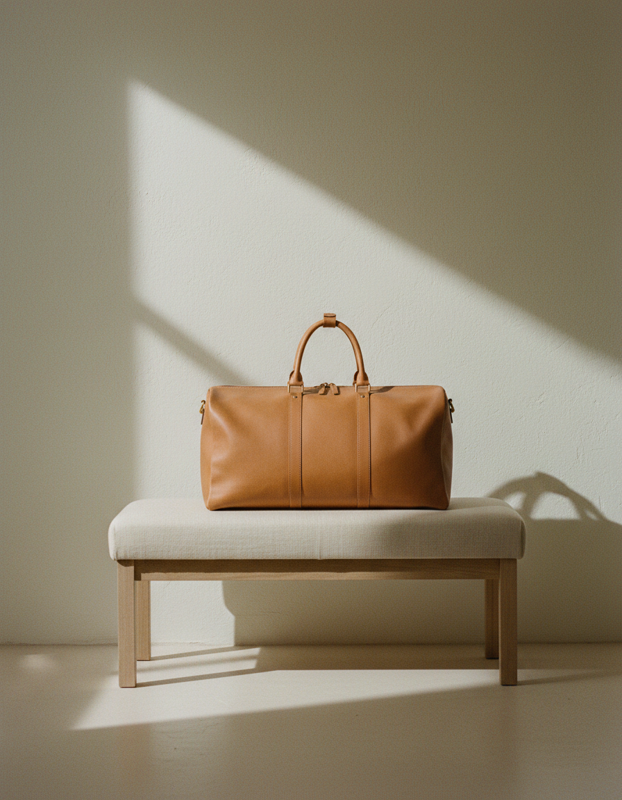 Leather travel bag resting on a linen bench in morning light