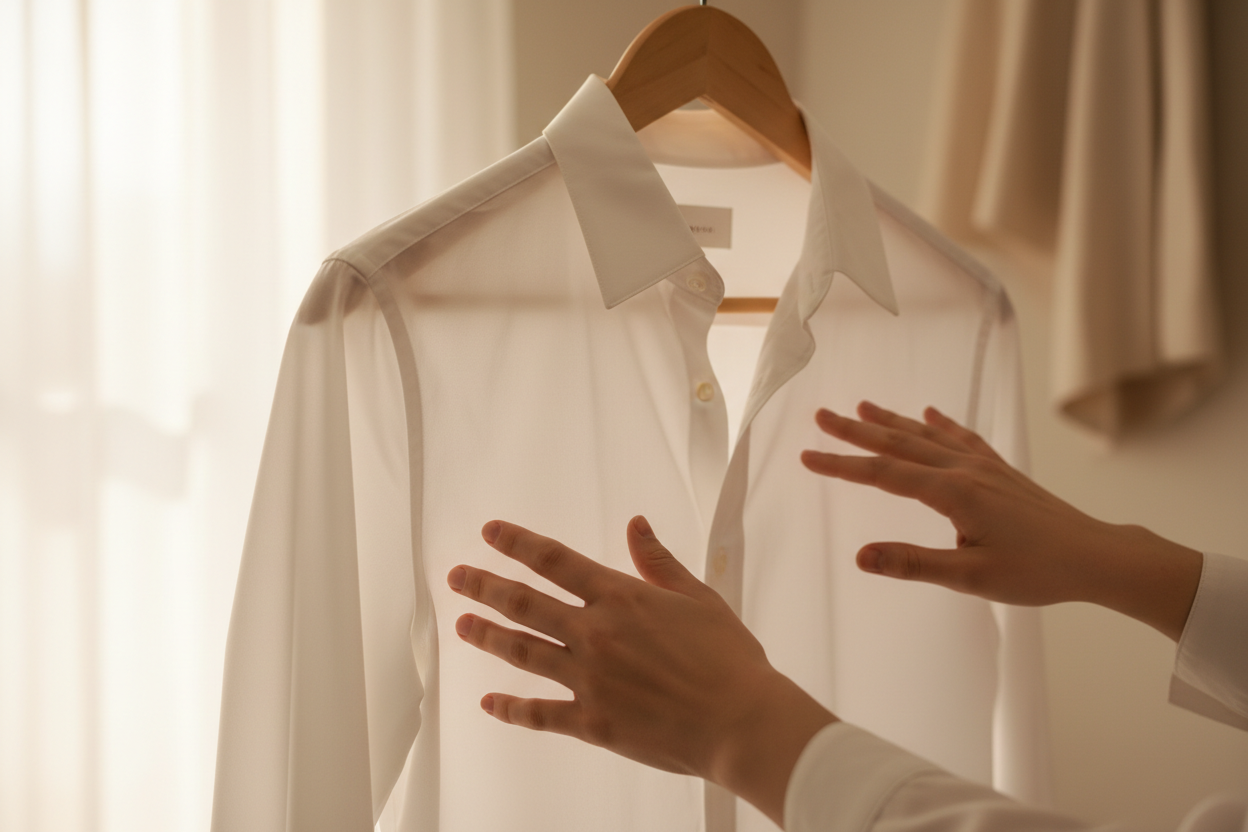 Hands smoothing the front of a freshly steamed white cotton shirt on a hanger
