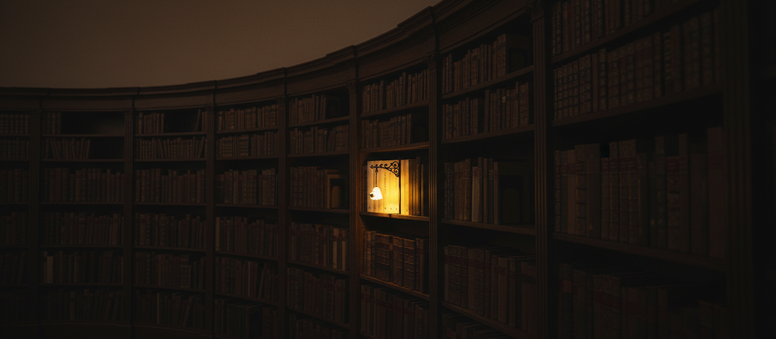 A long bookshelf wall in near darkness, lit by a single warm golden glow