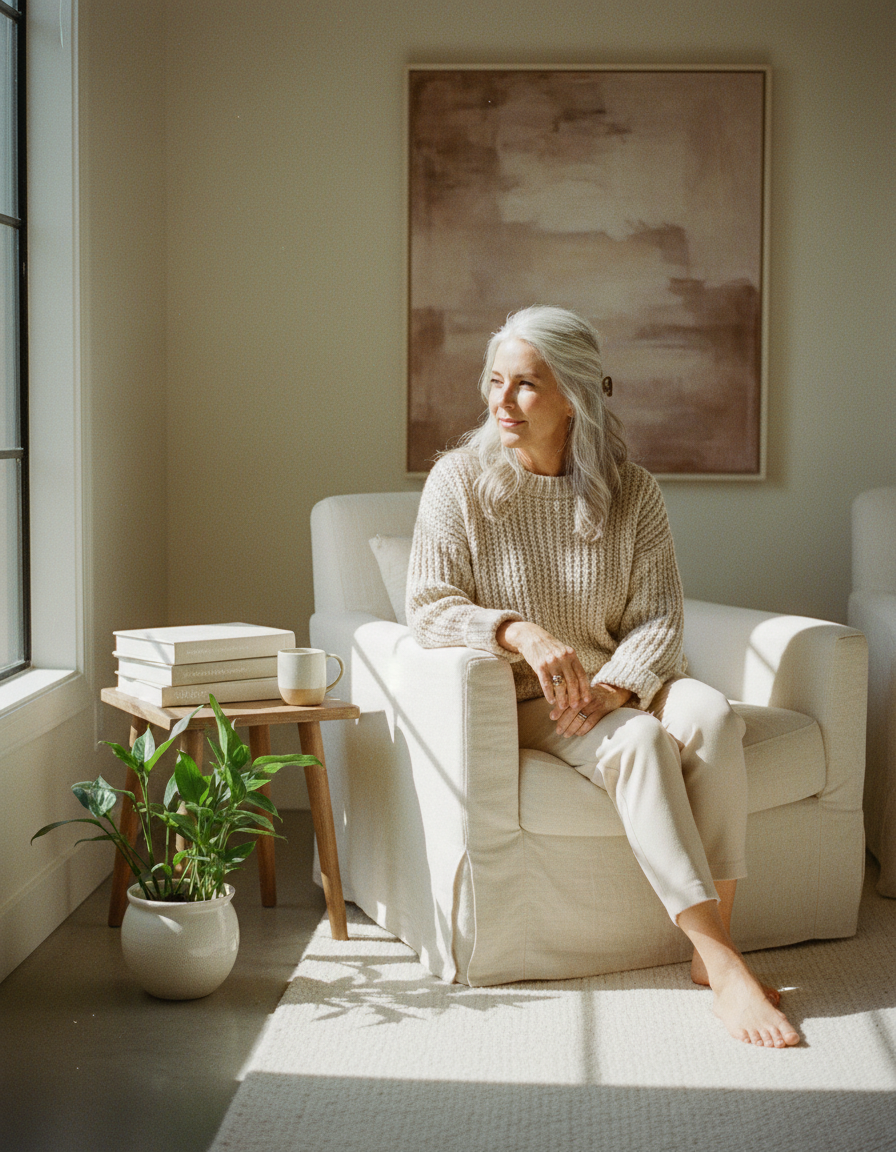 Woman with silver hair in an oatmeal knit sweater seated in a sunlit room