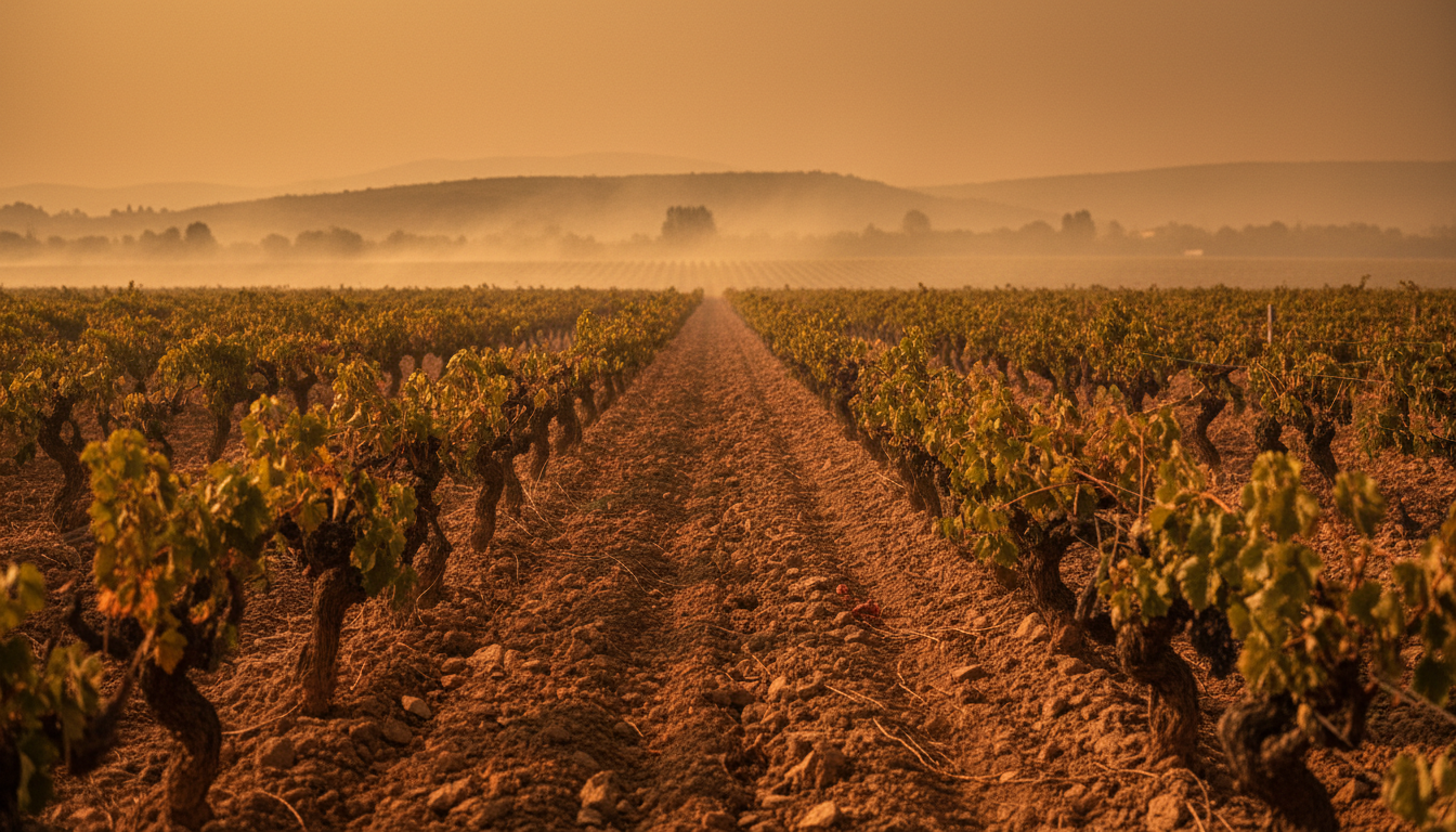Sun-scorched European vineyard rows under a hazy amber sky during harvest