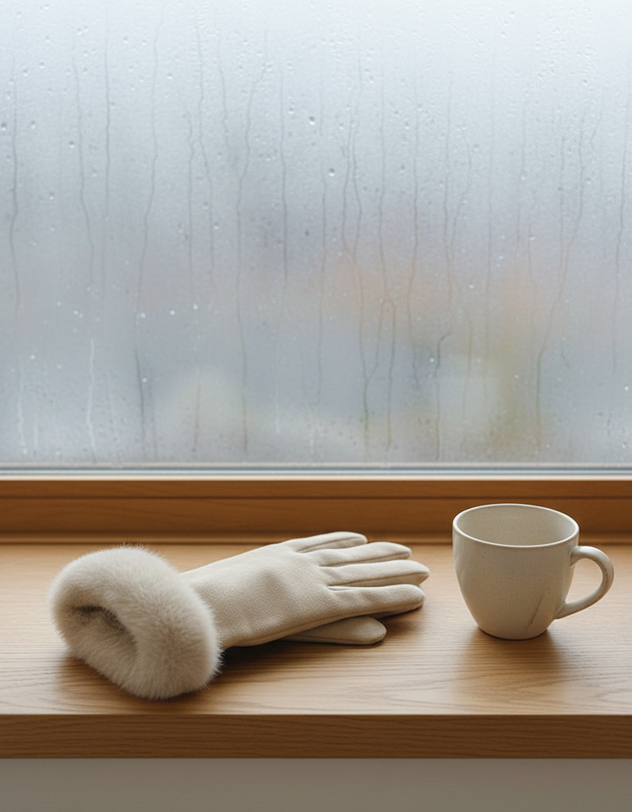 De beige vottene liggende i en vinduskarm ved siden av en kaffekopp i morgenlys