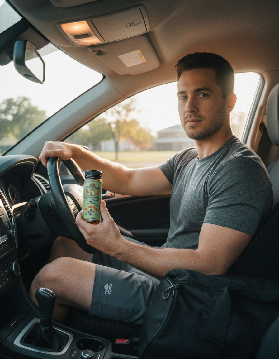 Man in training clothes in a parked car holding a Wyse No. 1 Sour Green Apple functional shot
