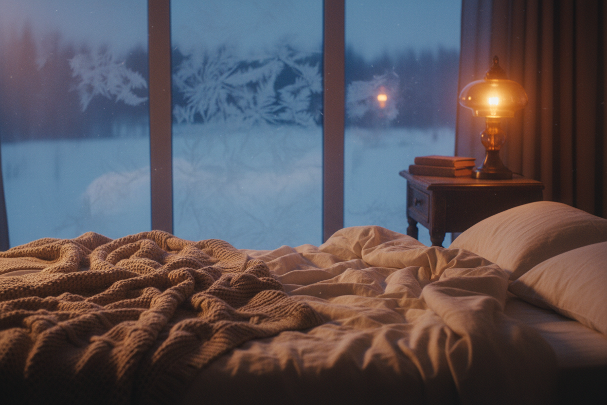 A winter bedroom at dusk with cream linen, a knit throw and a warm amber glow on the nightstand