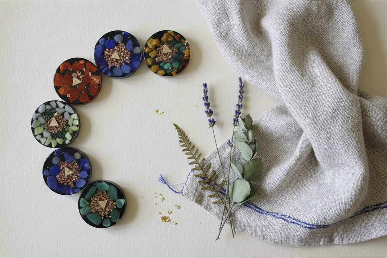 Seven handmade Reiki-infused chakra disks arranged in an arc on cream paper with dried botanicals