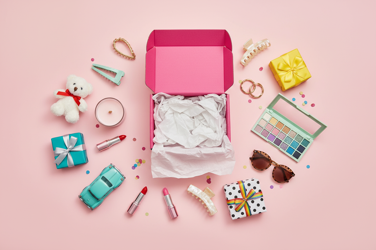 An open hot pink mystery box on a soft pink surface with its surprise contents fanned out around it including a plush teddy bear, a candle, gold hoop earrings and a bracelet, an eyeshadow palette, lipsticks, sunglasses, hair clips, a toy car and small wrapped gifts with bows