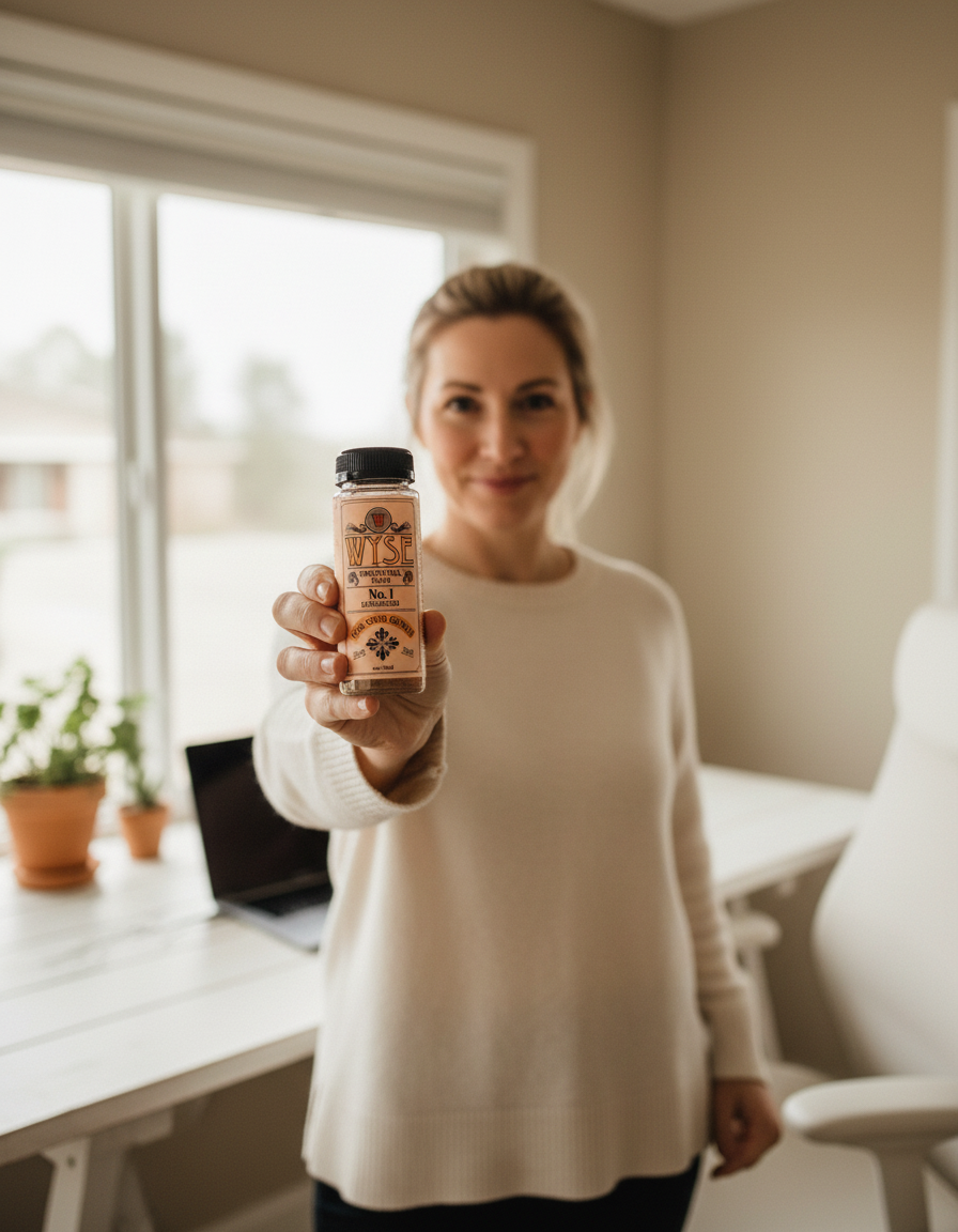 Woman at a sunlit home-office desk holding up a Wyse No. 1 Peach functional shot