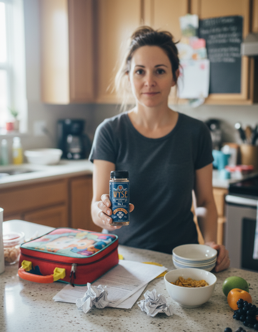Parent in a busy morning kitchen holding a Wyse No. 1 Blue Raspberry functional shot