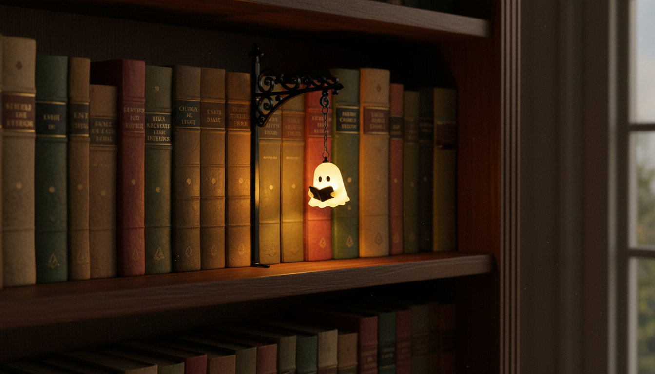 Warm candle-gold light from the bookshelf lamp falling across antique book spines at dusk