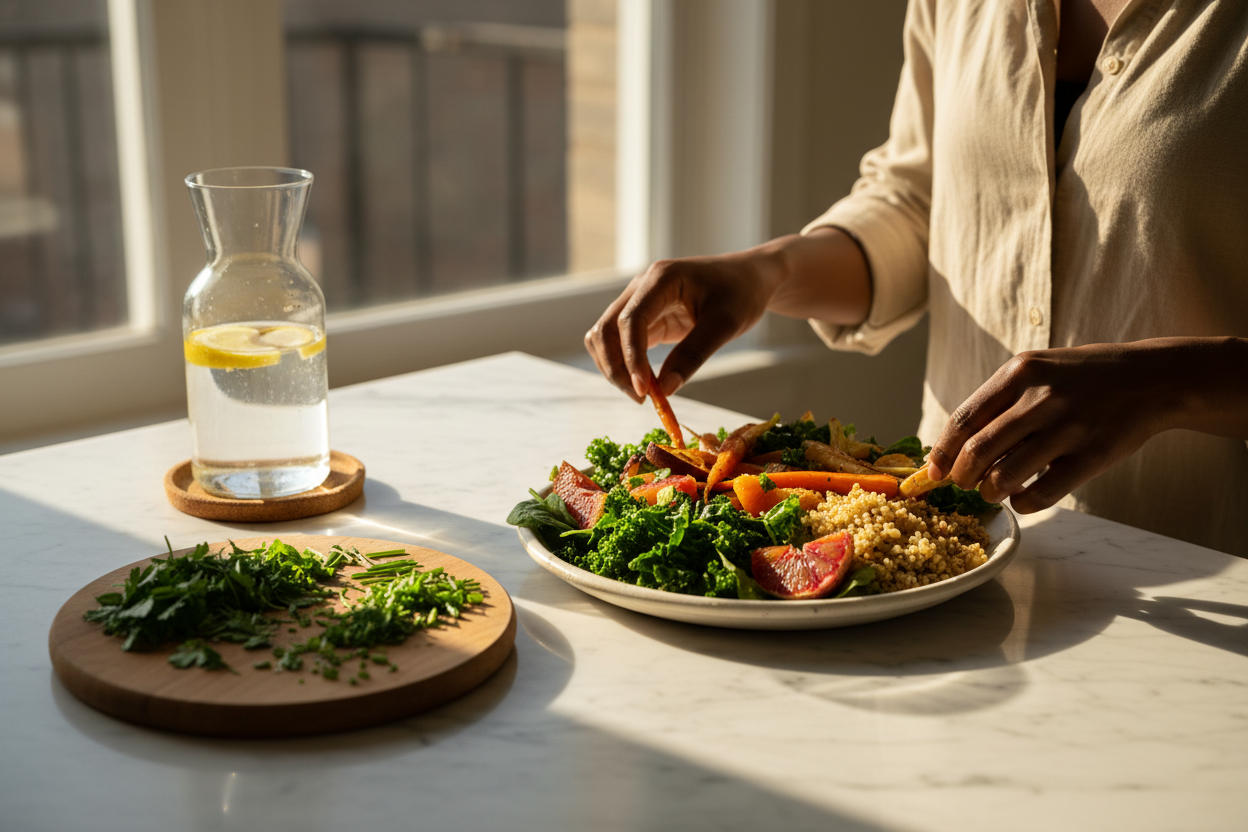Hands arranging a plate of roasted vegetables, greens and grains on a marble counter