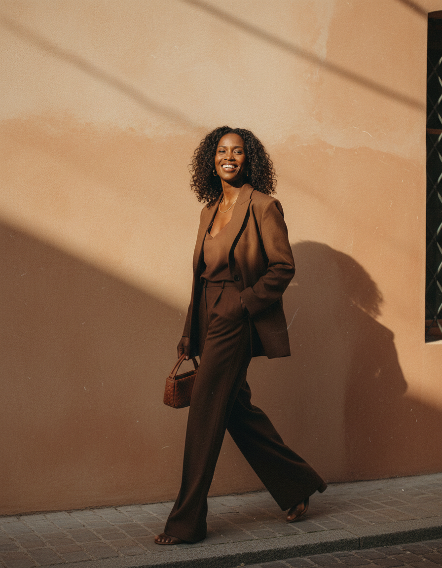 Woman in a chocolate brown co-ord set walking in warm afternoon light