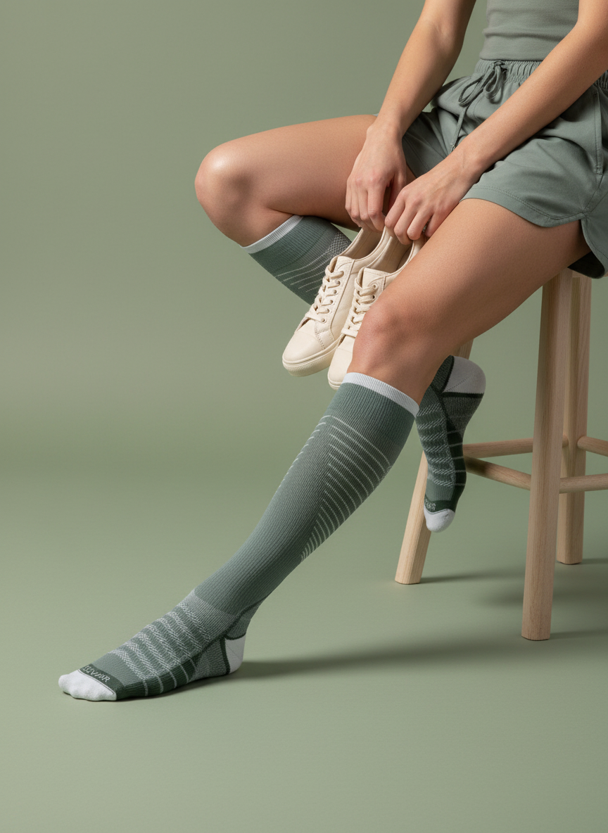 Woman seated on a stool in sage athleisure wearing Sigvaris Motion Flow Tech compression knee-highs in Sage, holding cream sneakers