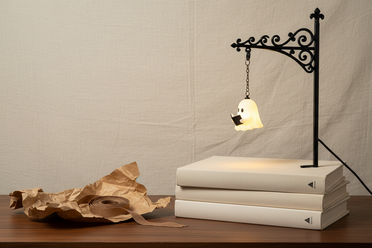 The bookshelf lamp resting on a stack of hardcover books beside kraft wrapping paper and ribbon