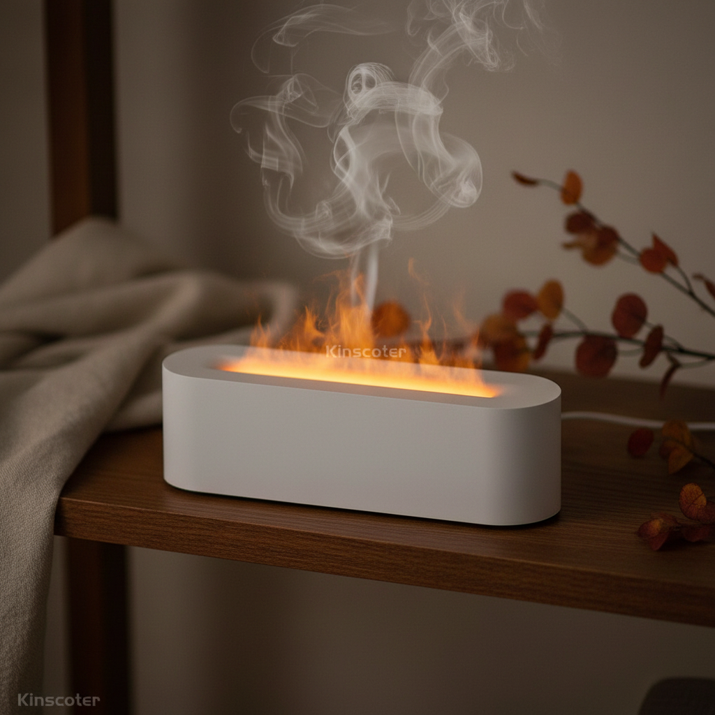 EmberNest GlowHearth flame-effect aroma diffuser glowing on a dark oak shelf