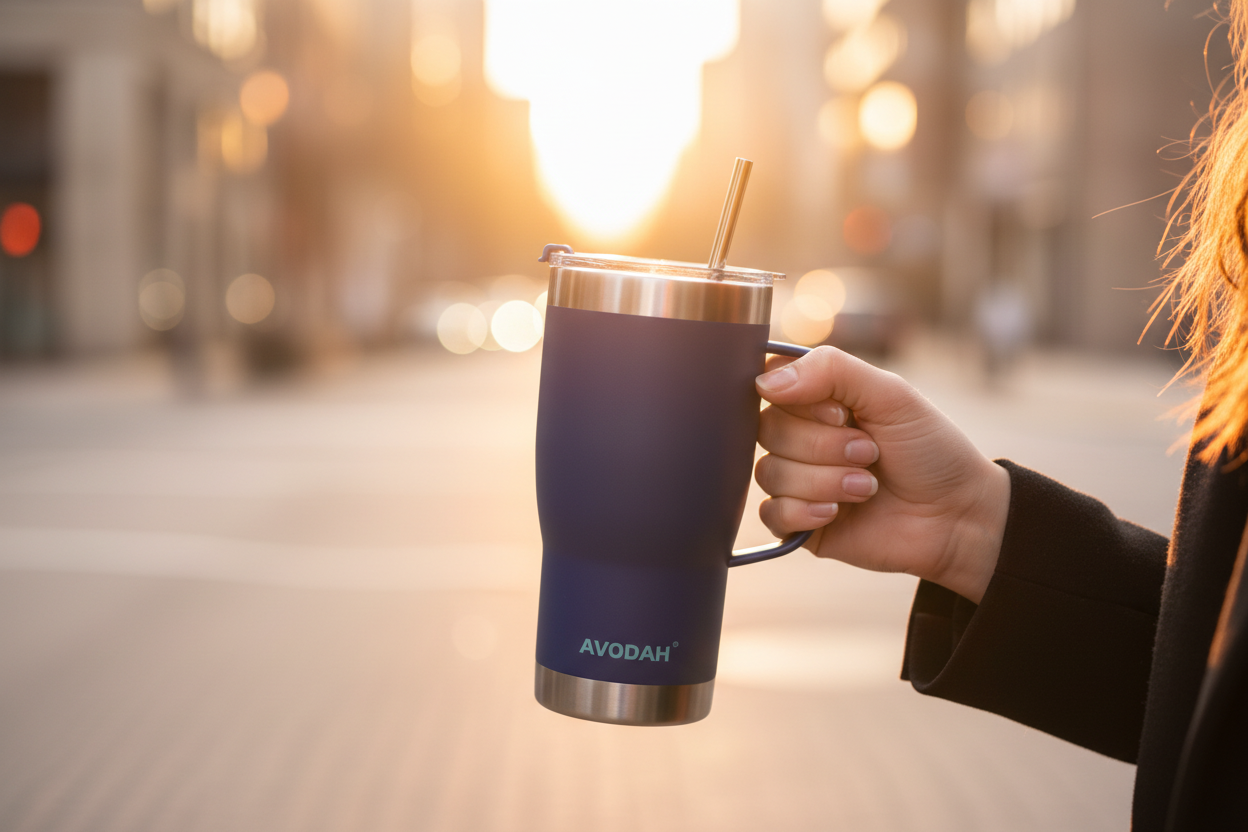 Avodah insulated tea infuser mug carried in hand outdoors at golden hour