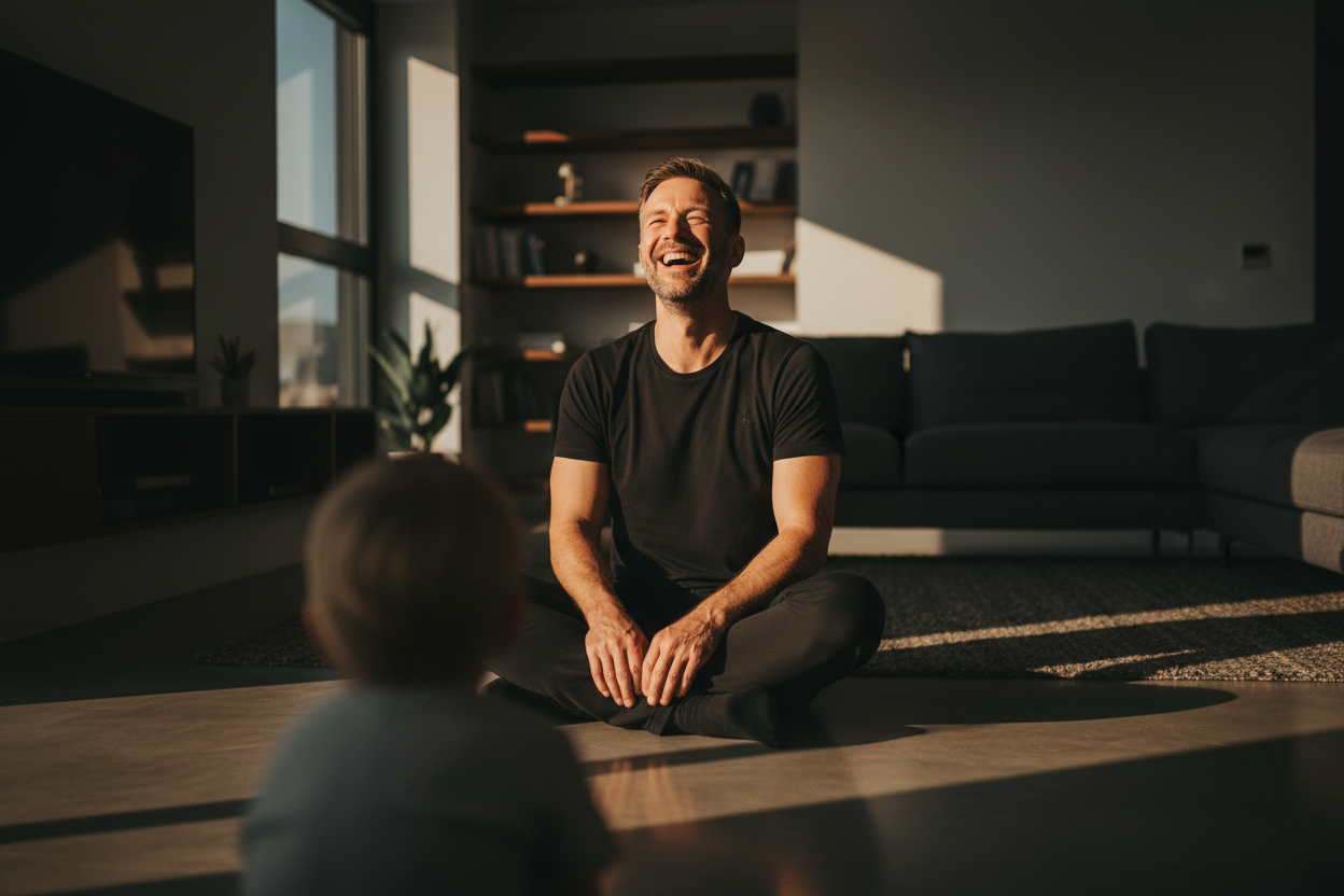 A calm man laughing with his child on the floor of a warmly lit living room at golden hour