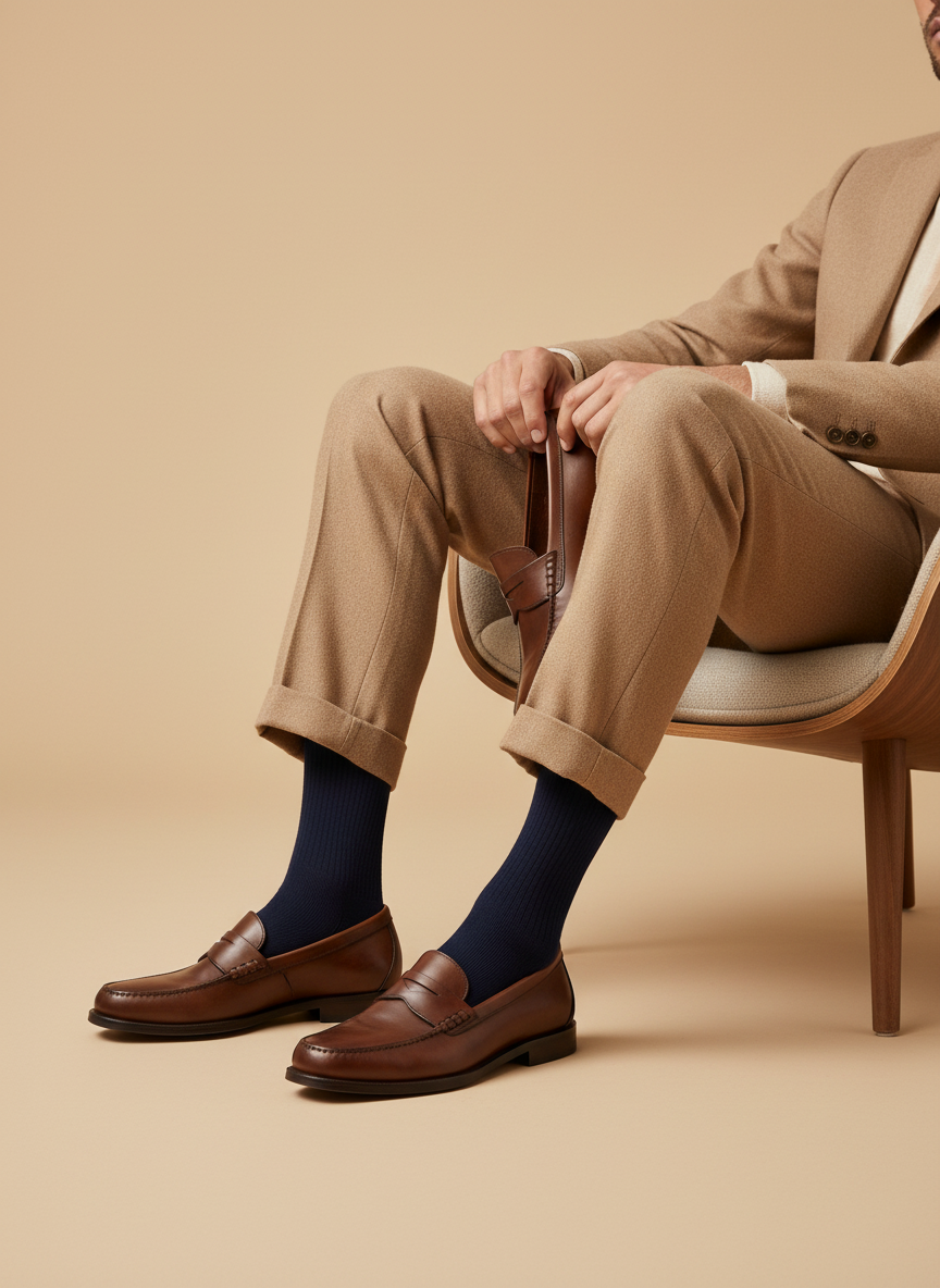 Man in a camel suit seated in an armchair with trouser hems turned up, wearing Sigvaris Essential Cotton compression socks in Navy with brown leather loafers