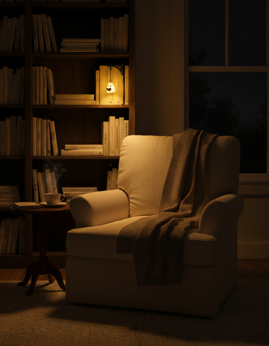 Evening reading nook with a linen armchair, wool throw and the warm glow of the bookshelf lamp above