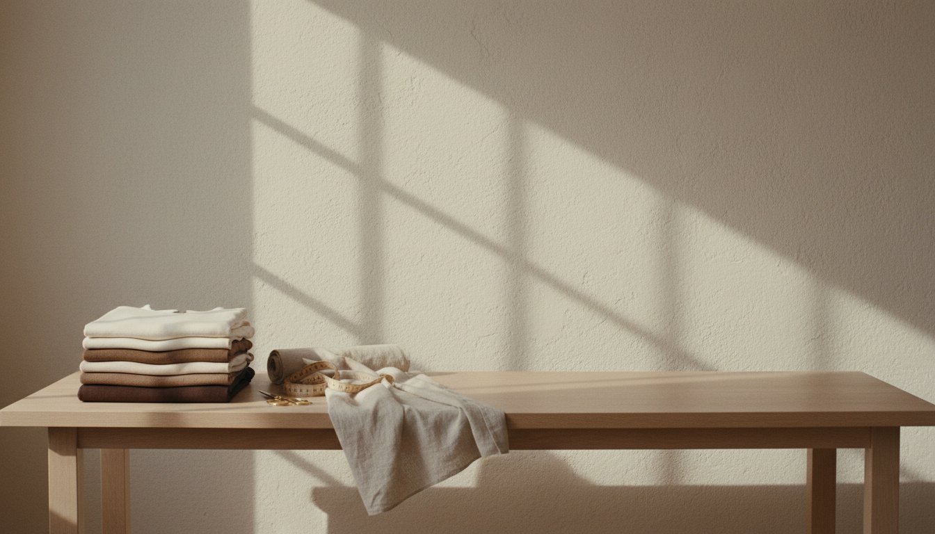 Folded ivory, oatmeal and brown garments with a roll of linen on a pale oak studio table in morning light