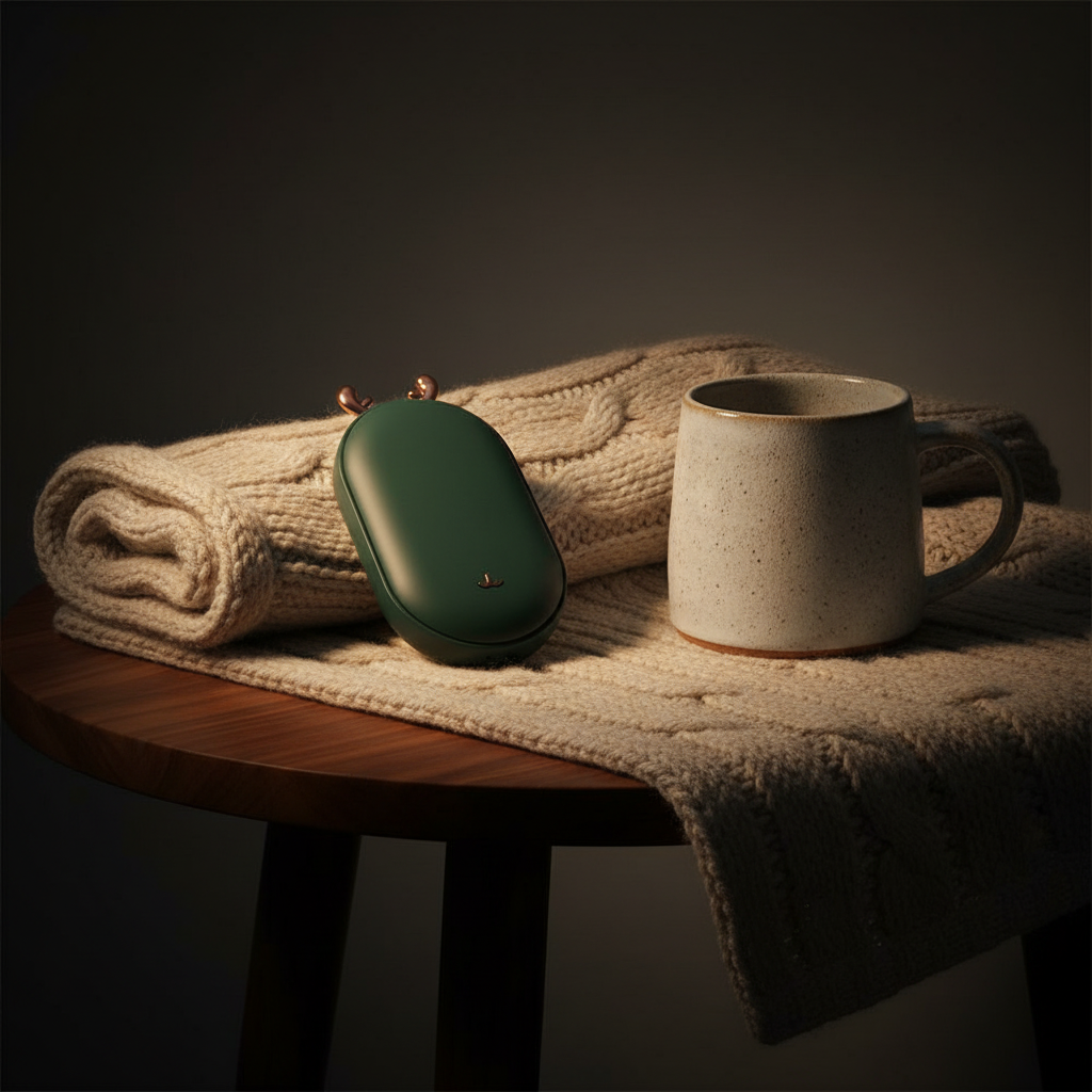 EmberNest WarmPebble hand warmer resting on a cream knit blanket