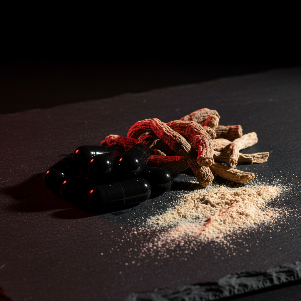 Capsules beside raw ashwagandha root, rhodiola and maca powder on dark slate