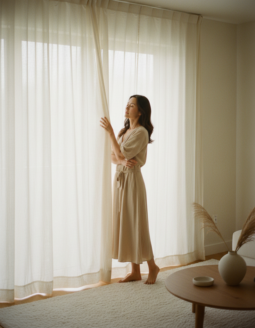 Woman in a sand-coloured midi dress beside a window with linen curtains