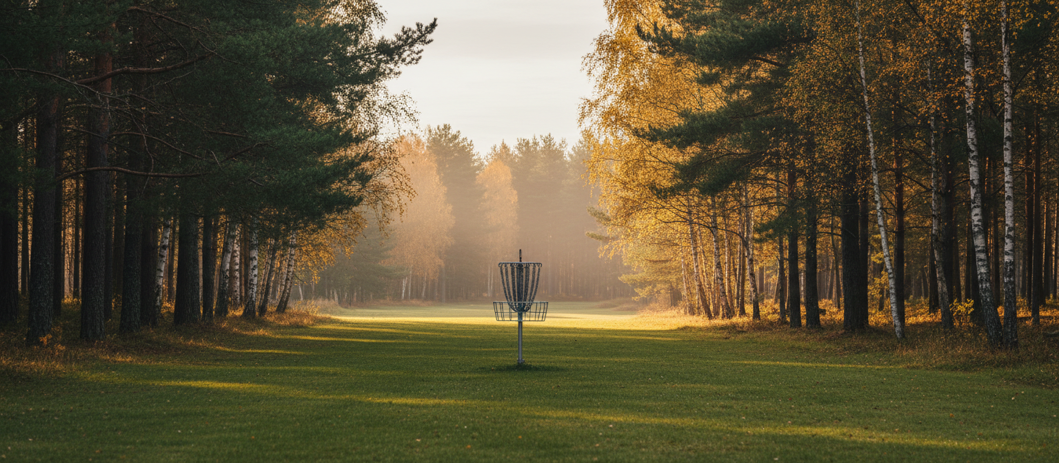 Discgolfkorg på en fairway i svensk skog i höstljus