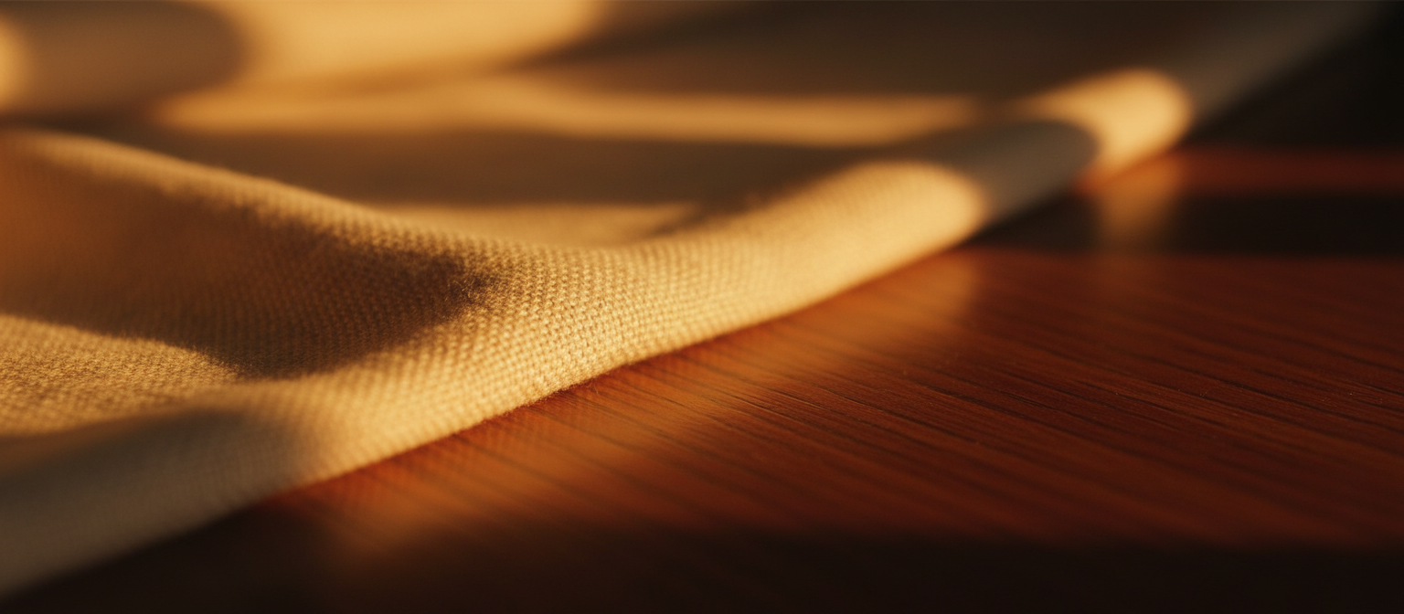 Warm amber light spilling across cream linen and dark wood
