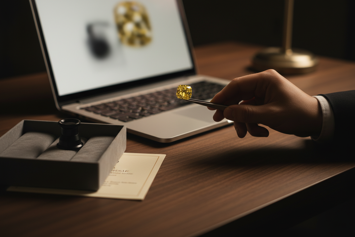 Gemologist presenting a vivid yellow cushion-cut diamond with tweezers to a laptop camera on a walnut desk