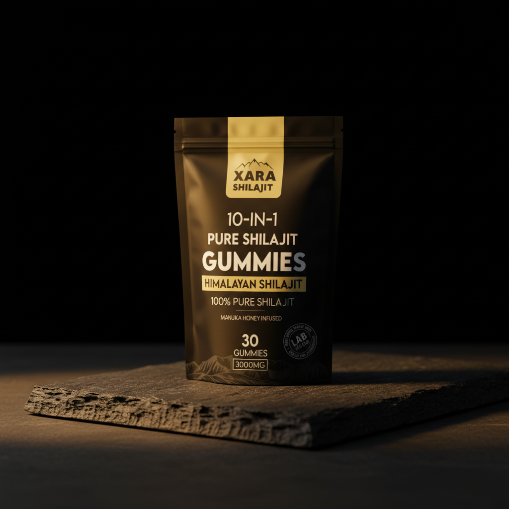 10-in-1 Alpha gummies pouch on dark slate with warm rim light