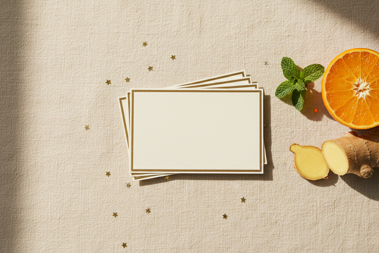 Cream reward cards with gold edges beside fresh mint, orange and ginger on linen
