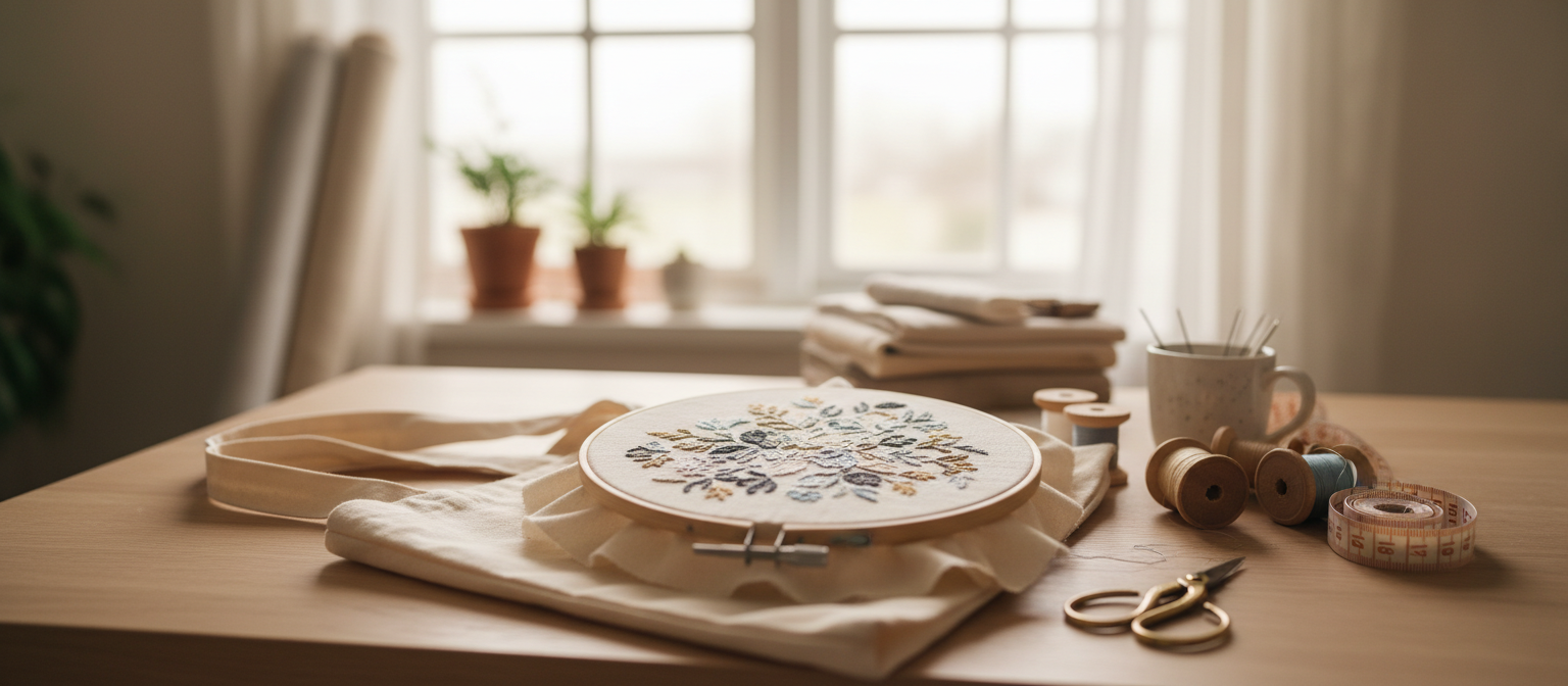 Embroidery hoop with a stitched floral design on ivory fabric, resting on a sunlit worktable with thread spools and scissors