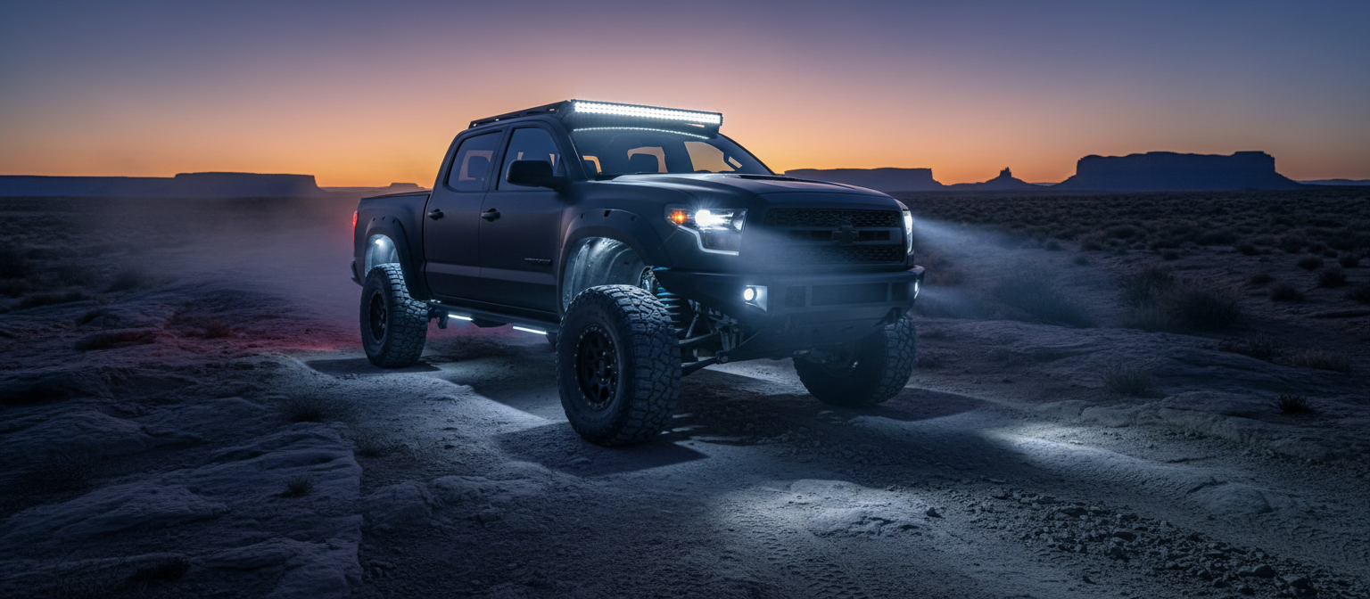 Lifted off-road truck with blazing white LED rock lights and roof light bar on a rocky desert trail at dusk