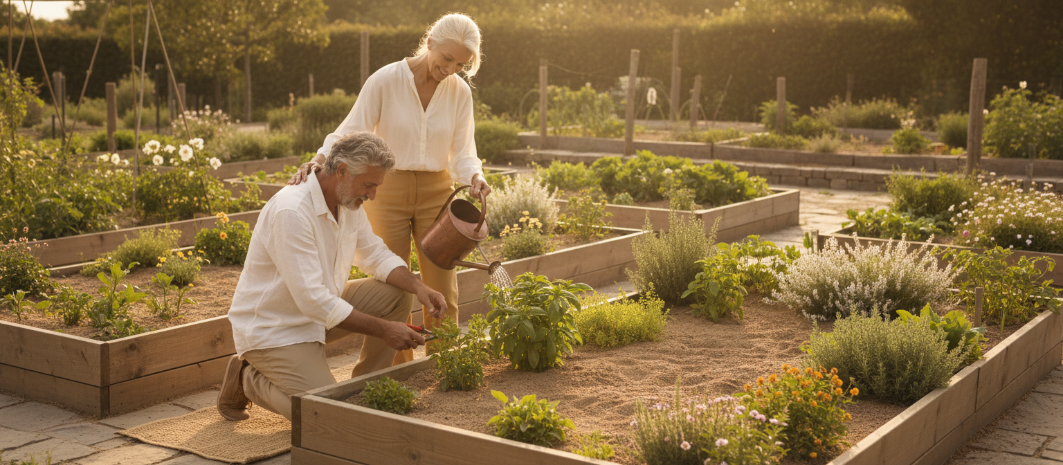 An older couple gardening together in raised beds in warm late afternoon light