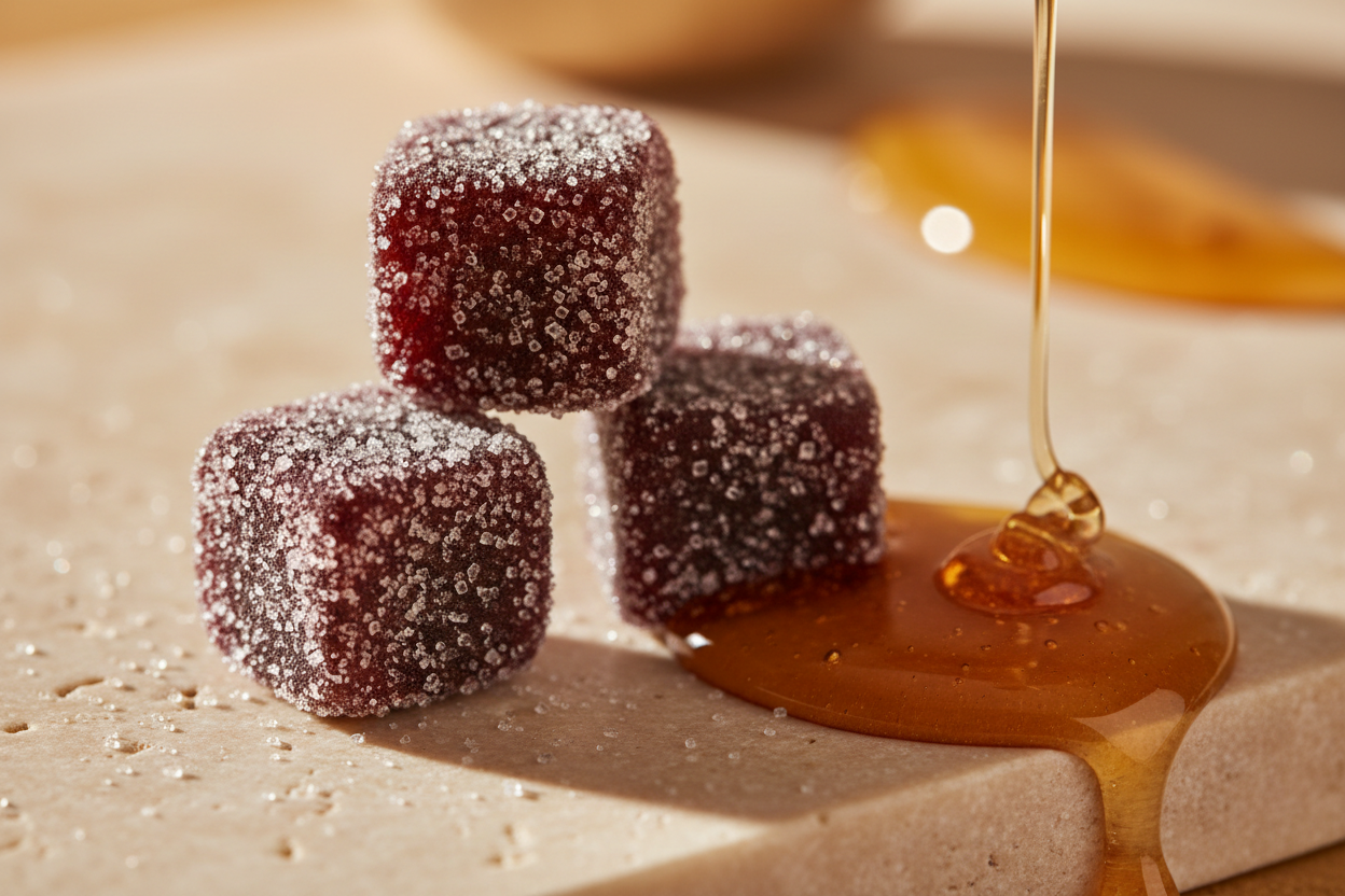 Close-up of XARA shilajit gummies beside a drizzle of Manuka honey