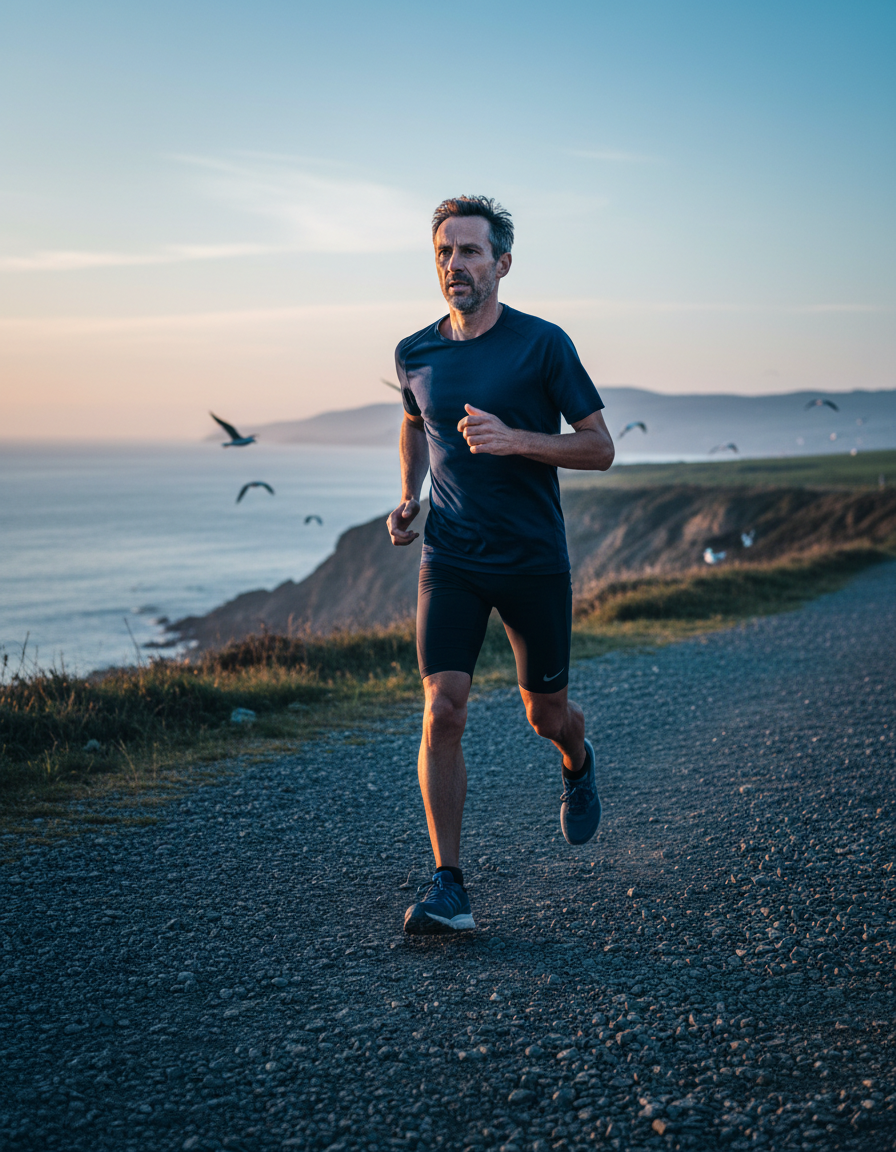 Ambitionierter Freizeitsportler beim Trailrunning im Morgenlicht